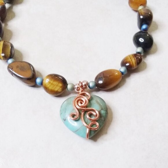Unique Tigereye & Wire Wrapped African Turquoise Heart Bracelet - Gift for Her! - Picture 2 of 5